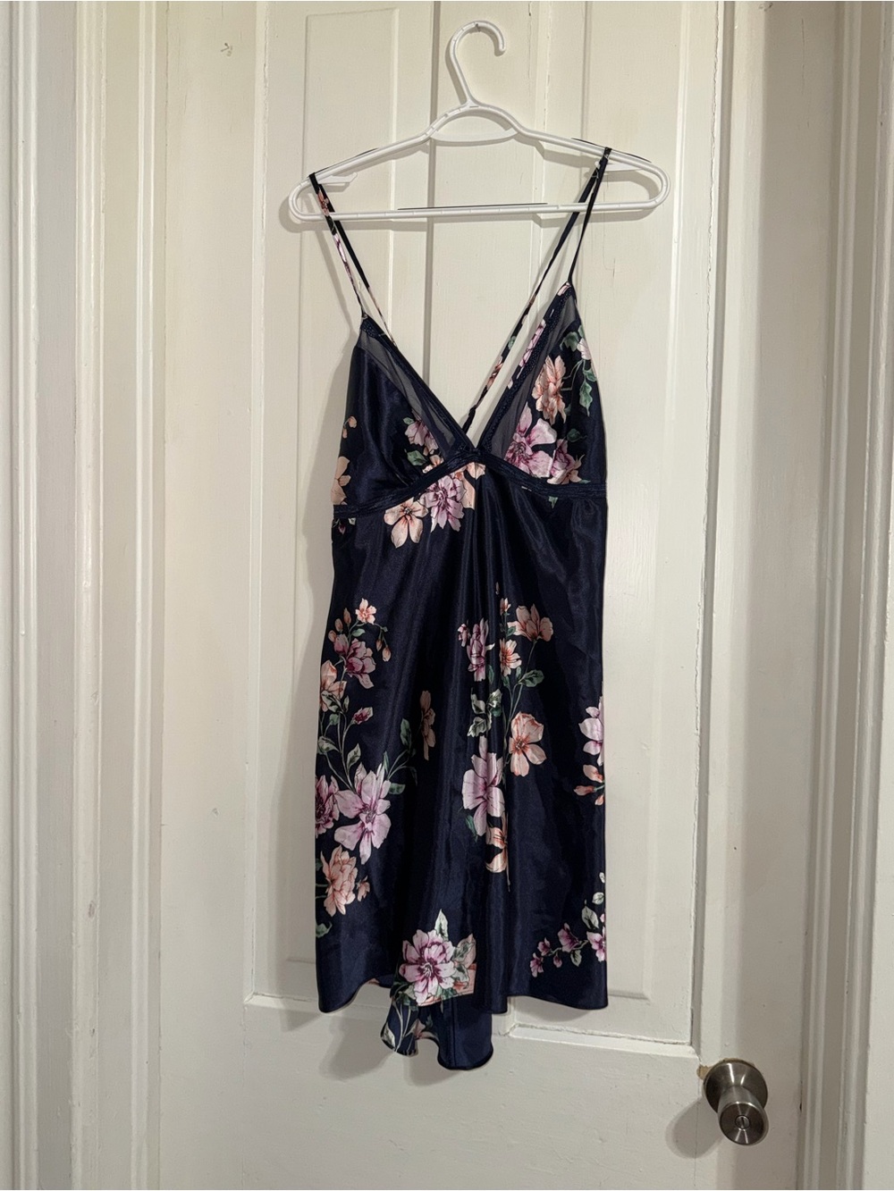 Womens size XL Navy Floral Satin Slip Dress with Pink Flowers‎ night gown sleep